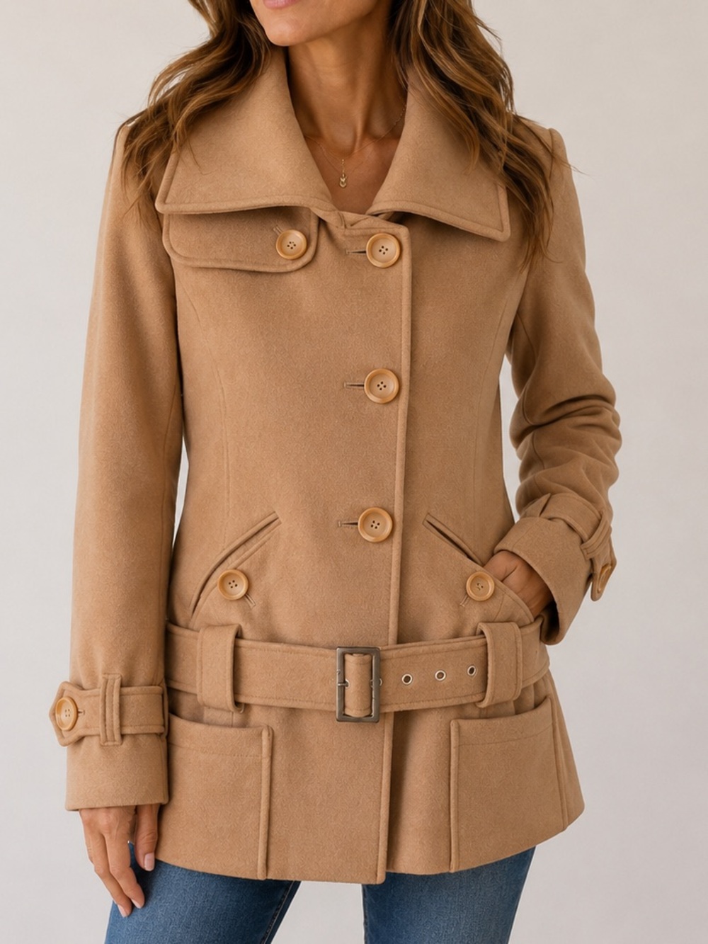 Camel Wool Military Peacoat Fall Winter Coat M Y2K Belted Quiet Luxury Medium - Picture 12 of 12